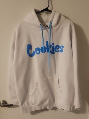 Cookies White Hoodie with Blue Logo and Drawstrings